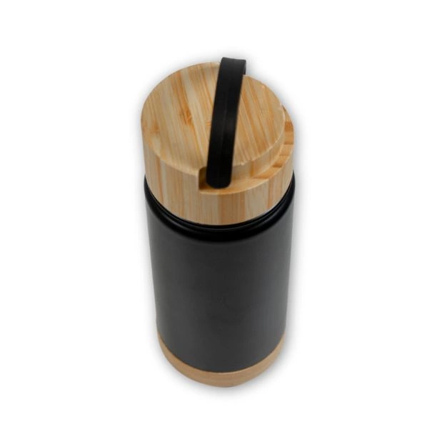 Borraccia thermos nera con base e coperchio in bambù