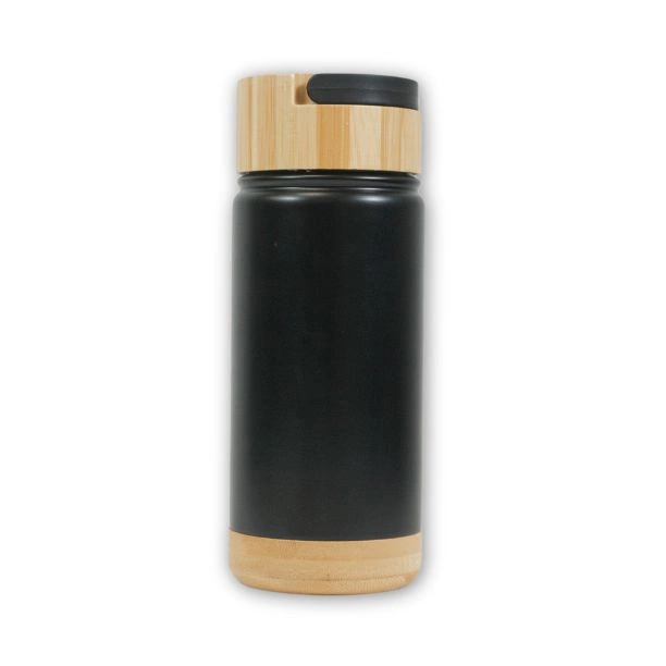 Borraccia thermos nera con base e coperchio in bambù