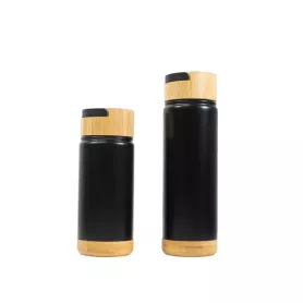 Borraccia thermos nera con base e coperchio in bambù