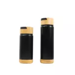 Borraccia thermos nera con base e coperchio in bambù